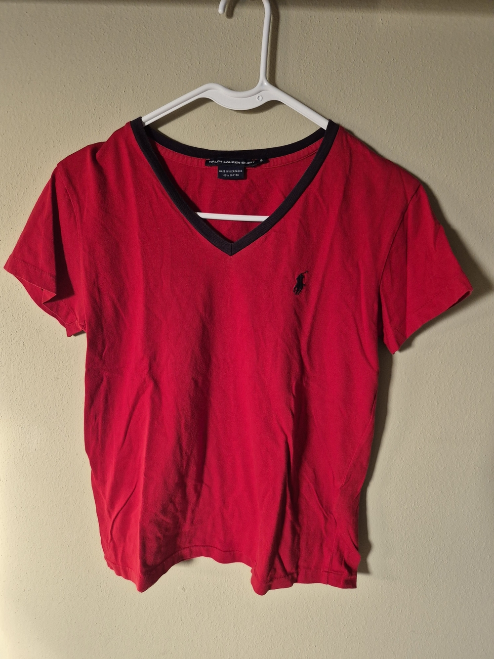 Ralph Lauren Women’s Bright Red V-Neck Tee with Navy Trim